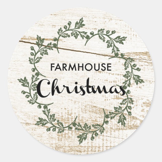 Modern Farmhouse Christmas Wreath Rustic Wood Classic Round Sticker (Front)