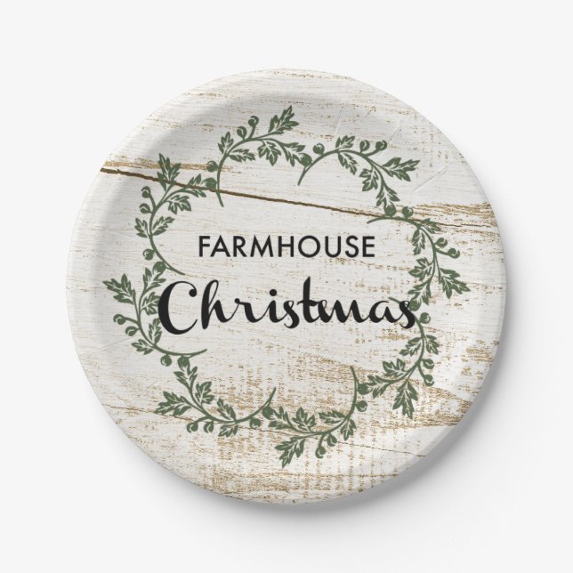 Modern Farmhouse Christmas Wreath Rustic Wood Paper Plate (Front)