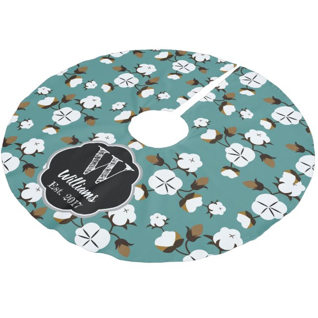 Modern Farmhouse Cotton Flowers & Teal Brushed Polyester Tree Skirt (Angled)