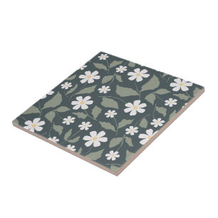 Modern Farmhouse Daisy Dark Blue Green & Sage Tile