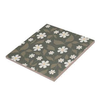 Modern Farmhouse Daisy Dark Olive Sage Floral Tile