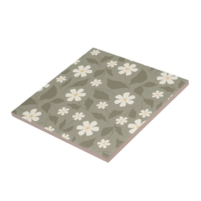Modern Farmhouse Daisy Muted Olive and Earth Tones Tile (Side)