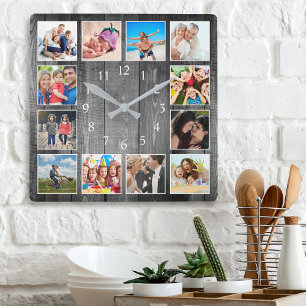 Modern Farmhouse Family Photo Collage Square Wall Clock