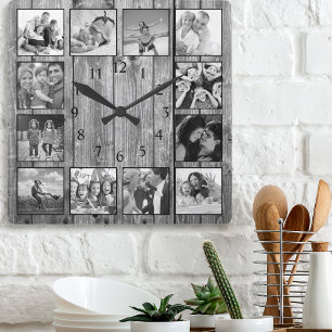 Modern Farmhouse Family Rustic Photo Collage Square Wall Clock
