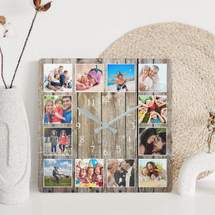 Modern Farmhouse Family Rustic Photo Collage Square Wall Clock
