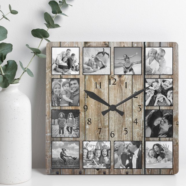 Modern Farmhouse Family Rustic Photo Collage Square Wall Clock (Creator Uploaded)