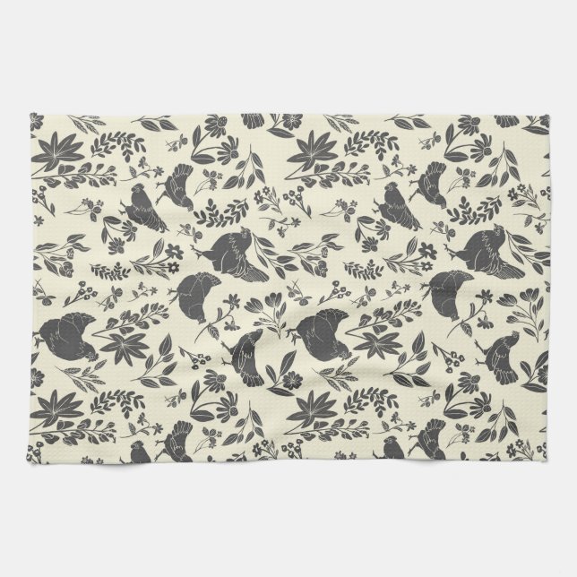Modern Farmhouse Folk Art Chickens & Botanicals Tea Towel (Horizontal)