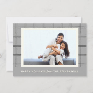 Modern Farmhouse Grey Plaid Custom Photo Holiday Card
