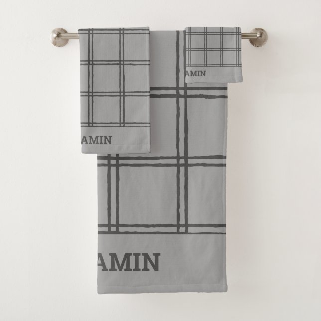 Modern Farmhouse Grey Plaid Lines Personalised Bath Towel Set (Insitu)