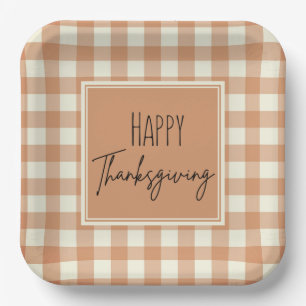 Modern Farmhouse Happy Thanksgiving Orange Plaid Paper Plate
