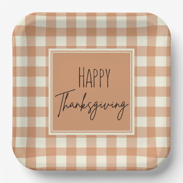 Modern Farmhouse Happy Thanksgiving Orange Plaid Paper Plate (Front)