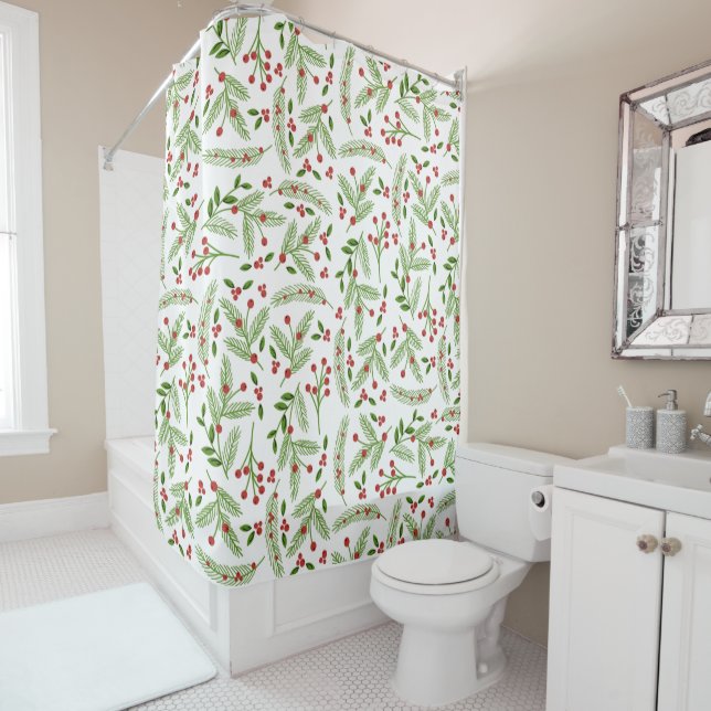 MODERN FARMHOUSE HOLIDAY GREENS AND BERRIES SHOWER CURTAIN (In Situ)
