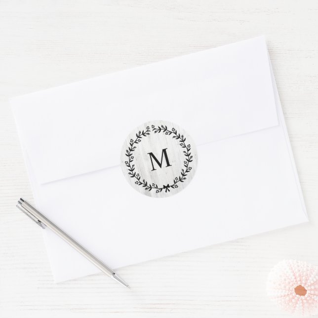 Modern Farmhouse Laurel Wreath Monogram Wood  Classic Round Sticker (Envelope)