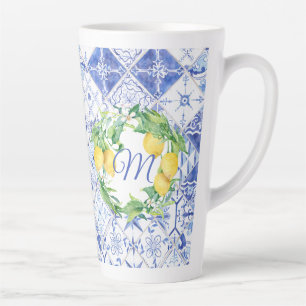Modern Farmhouse Lemon Blue Mediterranean Tile Latte Mug