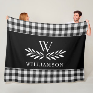Modern Farmhouse Monogram Black White Plaid  Fleece Blanket