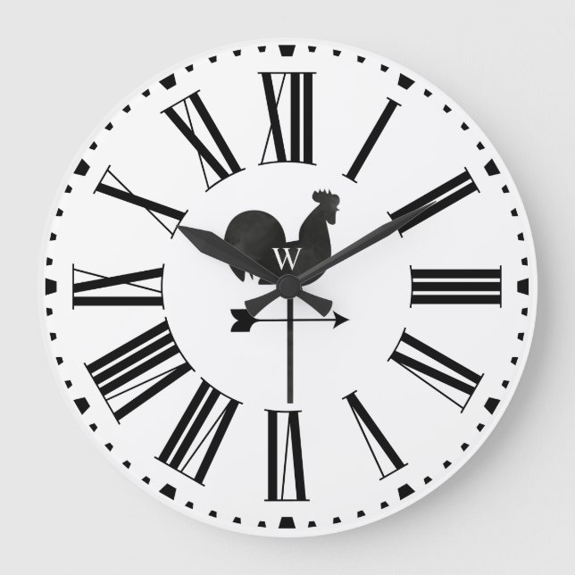 Modern Farmhouse Monogram Rooster Weather Vane  Large Clock (Front)
