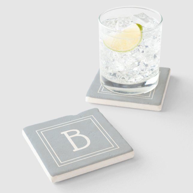 Modern Farmhouse Monogrammed Blue & White Initial Stone Coaster (Side)
