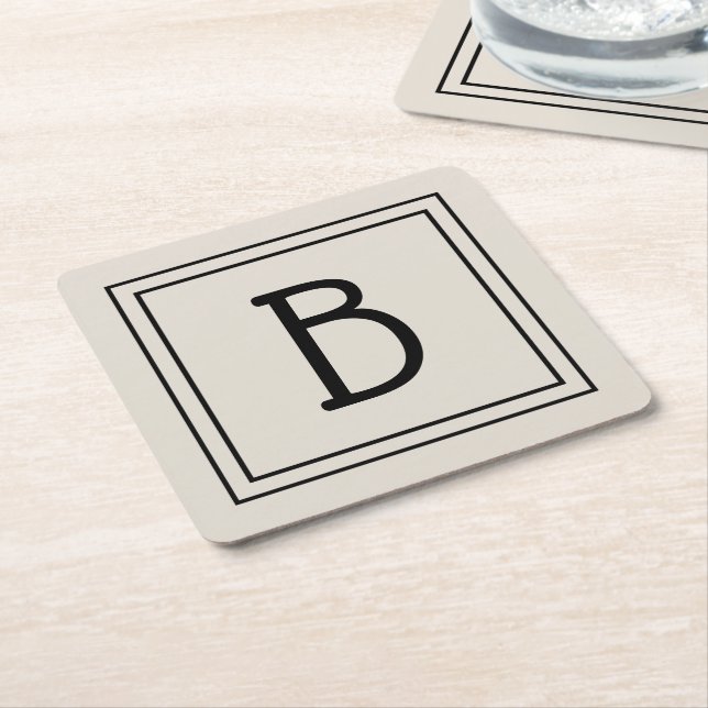 Modern Farmhouse Monogrammed Tan & Black Initial Square Paper Coaster (Angled)