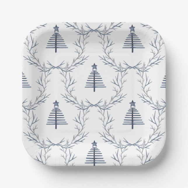 Modern Farmhouse Navy Blue Pattern Christmas  Paper Plate (Front)