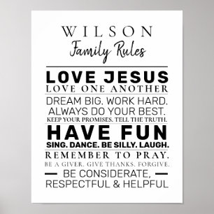 Modern Farmhouse Personalised Family Rules B&W Poster