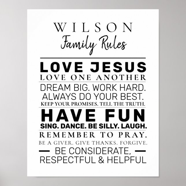 Modern Farmhouse Personalised Family Rules B&W Poster (Front)