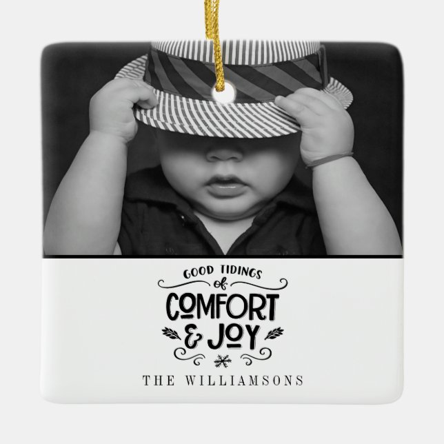 Modern Farmhouse| Photo on Black Gingham Christmas Ceramic Ornament (Front)