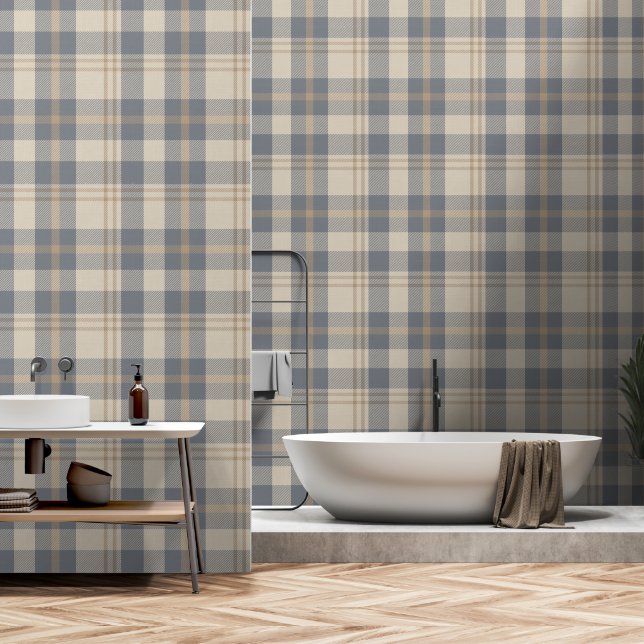 Modern Farmhouse Plaid in Cream and Slate Blue Wallpaper (Bathroom)