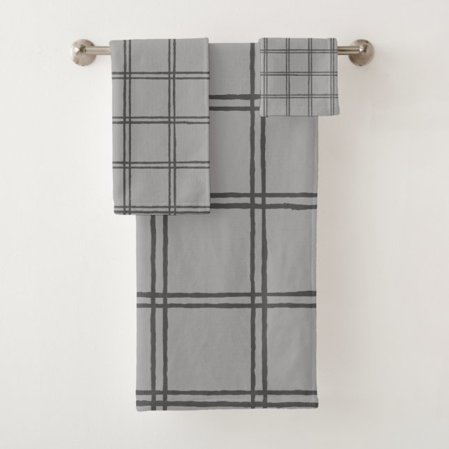 Modern Farmhouse Rustic Grey Plaid Lines Bath Towel Set (Insitu)