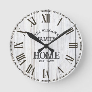 Modern Farmhouse Rustic Wood Family Name Est. Date Round Clock