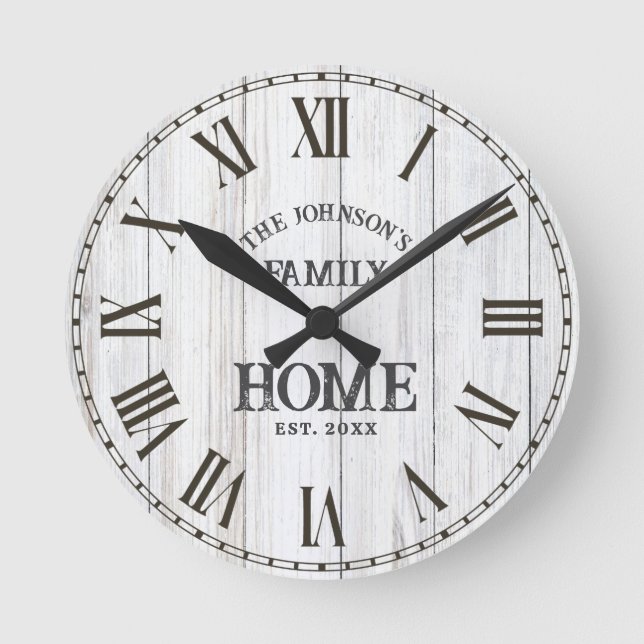 Modern Farmhouse Rustic Wood Family Name Est. Date Round Clock (Front)