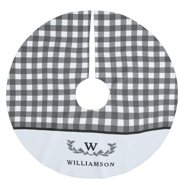 Modern Farmhouse Style Black White Plaid Monogram  Brushed Polyester Tree Skirt (Front)