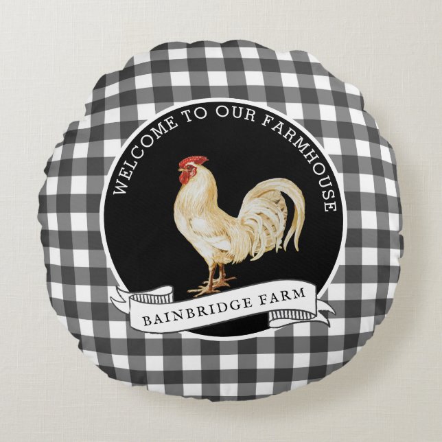 Modern Farmhouse Style Rooster Family Name  Round Cushion (Front)