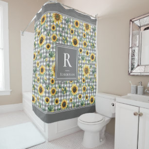 Modern Farmhouse Sunflower Monogram Gingham Shower Curtain