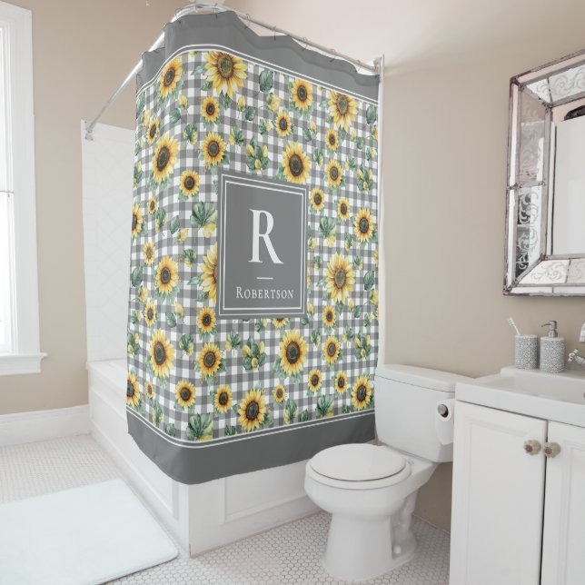Modern Farmhouse Sunflower Monogram Gingham Shower Curtain (In Situ)
