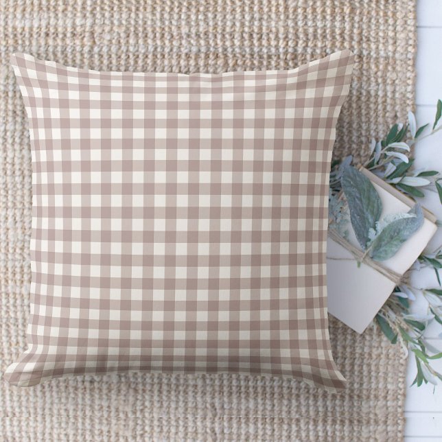 Modern Farmhouse Tan & White Gingham Couch Cushion (throw pillow farmhouse pillows country tan and white gingham plaid throw pillow )