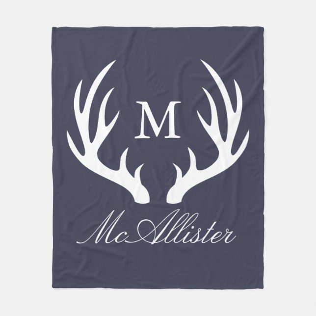Modern Farmhouse White Buck Antlers & Navy Blue Fleece Blanket (Front)