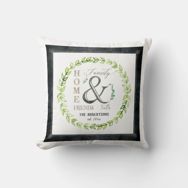 Modern Farmhouse Wreath Ampersand Home Family Name Cushion (Front)