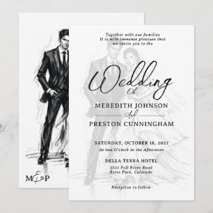 Modern Fashion Charcoal Sketch Couple Wedding Invitation
