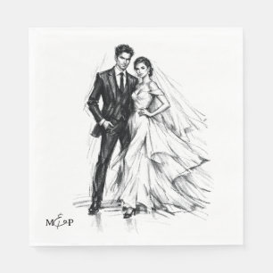 Modern Fashion Charcoal Sketch Couple Wedding Napkin