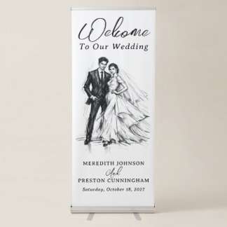 Modern Fashion Charcoal Sketch Couple Wedding Retractable Banner