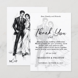 Modern Fashion Charcoal Sketch Couple Wedding Thank You Card