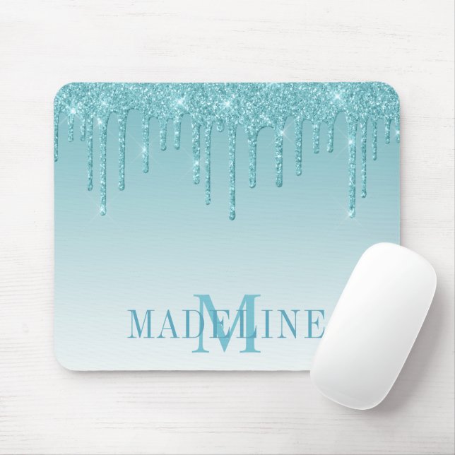 Modern Fashionable Aqua Glitter Monogram Mouse Mat (With Mouse)