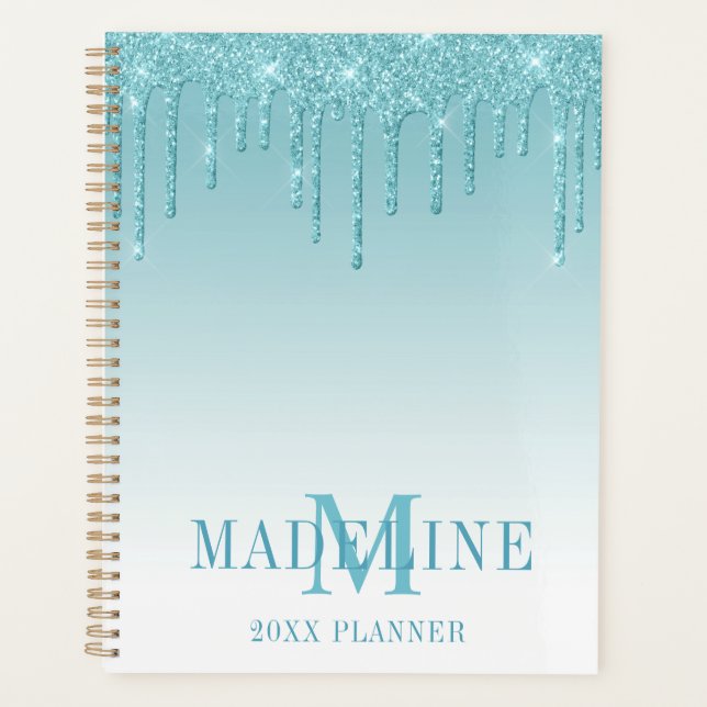 Modern Fashionable Aqua Glitter Monogram Planner (Front)