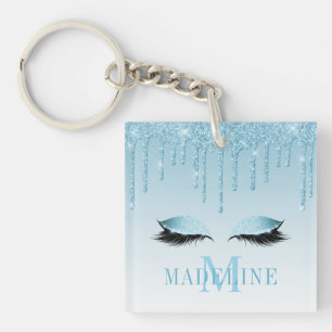 Modern Fashionable Blue Glitter Lashes Monogram Key Ring