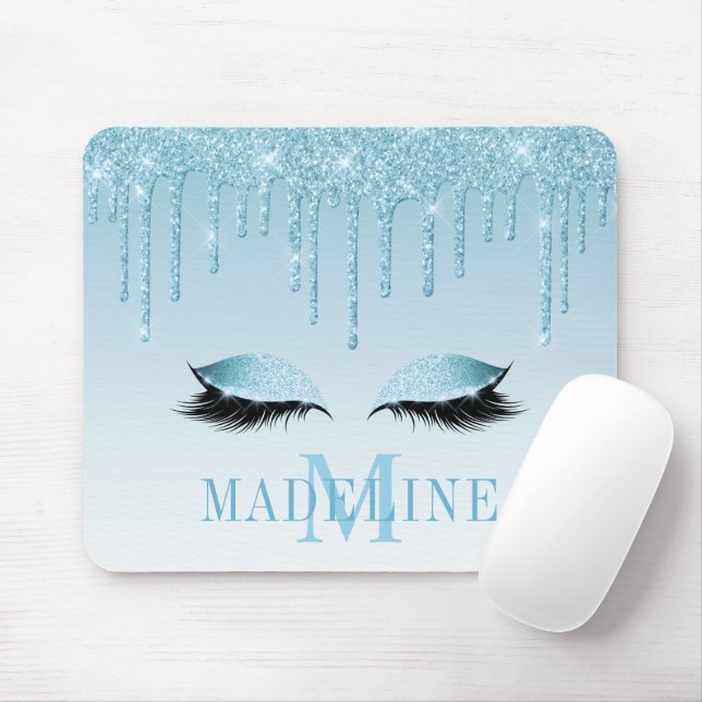 Modern Fashionable Blue Glitter Lashes Monogram Mouse Mat (With Mouse)