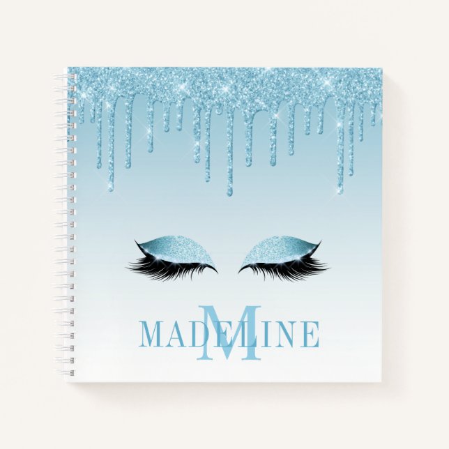 Modern Fashionable Blue Glitter Lashes Monogram Notebook (Front)