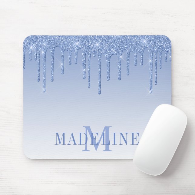 Modern Fashionable Dusty Blue Glitter Monogram Mouse Mat (With Mouse)