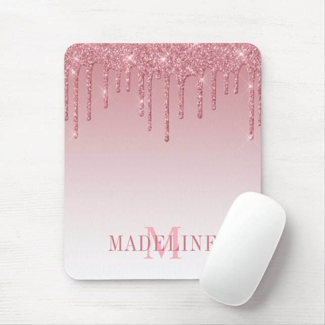 Modern Fashionable Dusty Pink Monogram Glitter Mouse Mat (With Mouse)