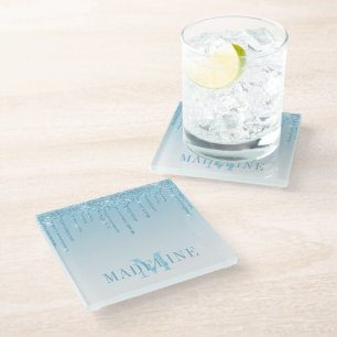 Modern Fashionable Light Blue Glitter Monogram Glass Coaster