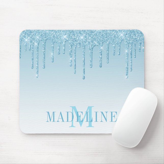 Modern Fashionable Light Blue Glitter Monogram Mouse Mat (With Mouse)